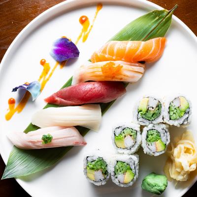 Sushi roll and nigiri sushi, overhead view.