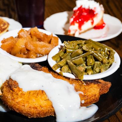 Pan-fried breaded pork chops.