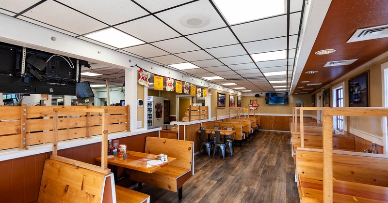 Interior, tables, chairs and seating booths
