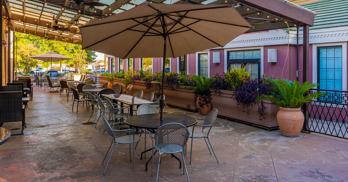 Exterior, patio, parasols, plants, tables,chairs