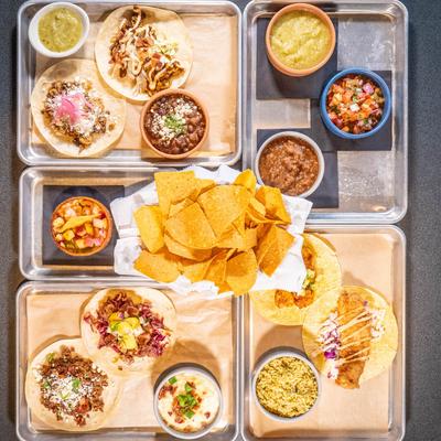 Assortment of dishes, top view.