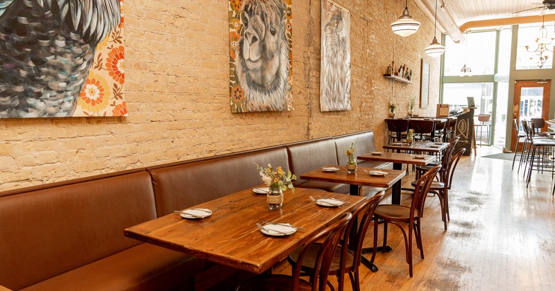 Interior, bench seating, tables and chairs