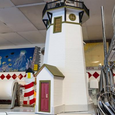 White lighthouse decor inside the restaurant.