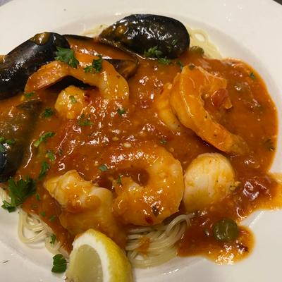 Seafood Arrabiata with shrimp, scallops and mussels..