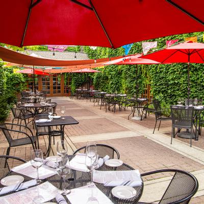 Exterior, garden area, tables covered with parasols
