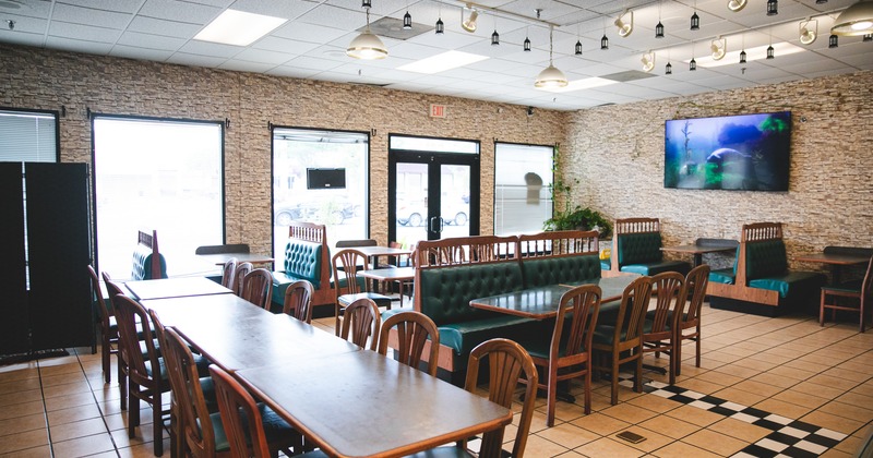 Interior, diner area, tables, chairs, entrance