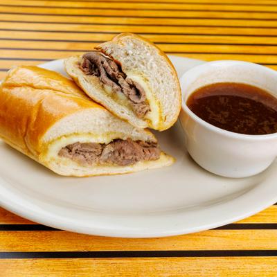 Italian Roast Beef sandwich served with au jus on the side.