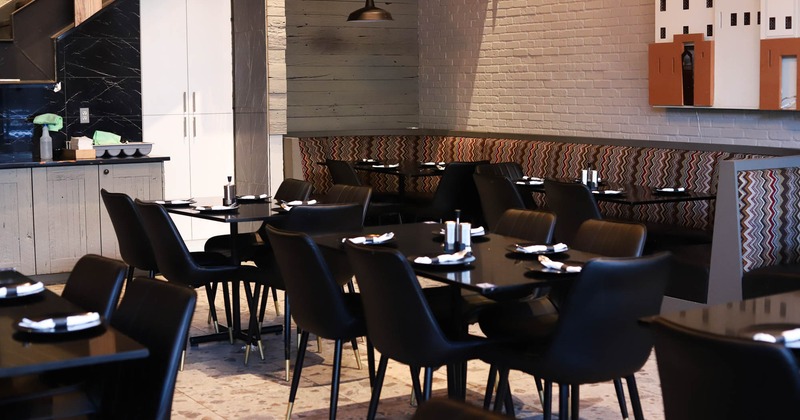 Seating area, tables ready for guests