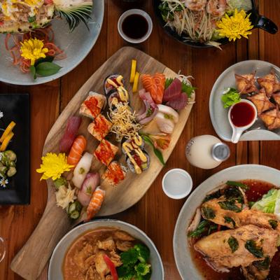 Various dishes on a table.