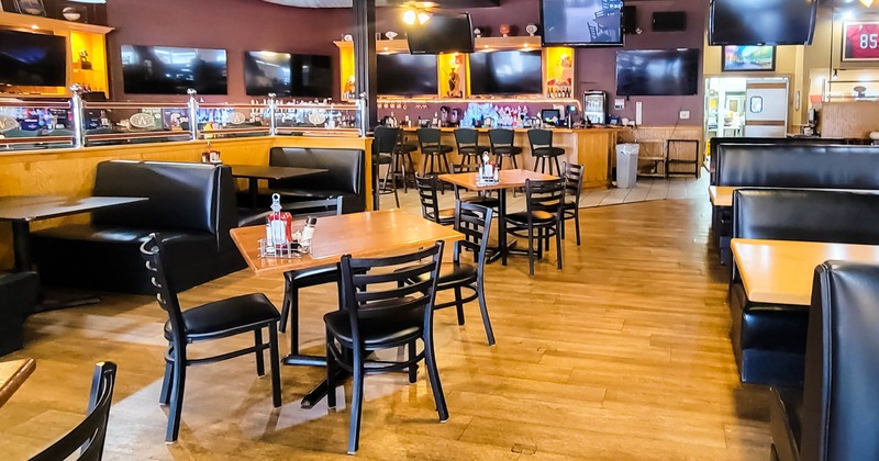 Interior, tables, counter, LED screens, chairs, booths, lights