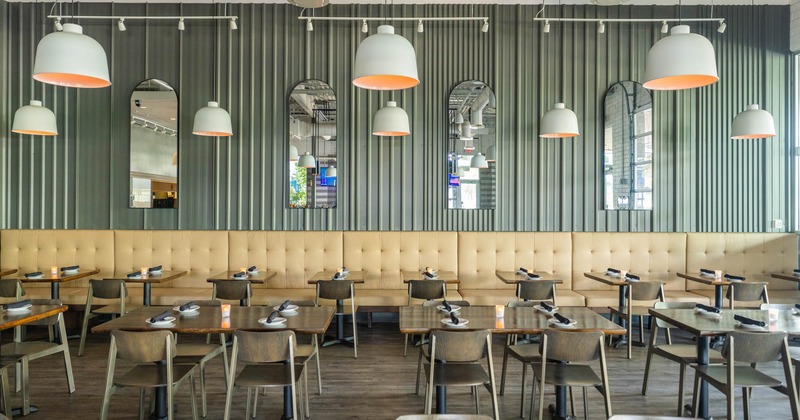 Interior, set tables and chairs lined up