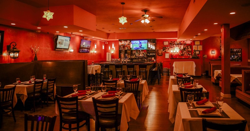 Inside, dining tables, tableware, bar