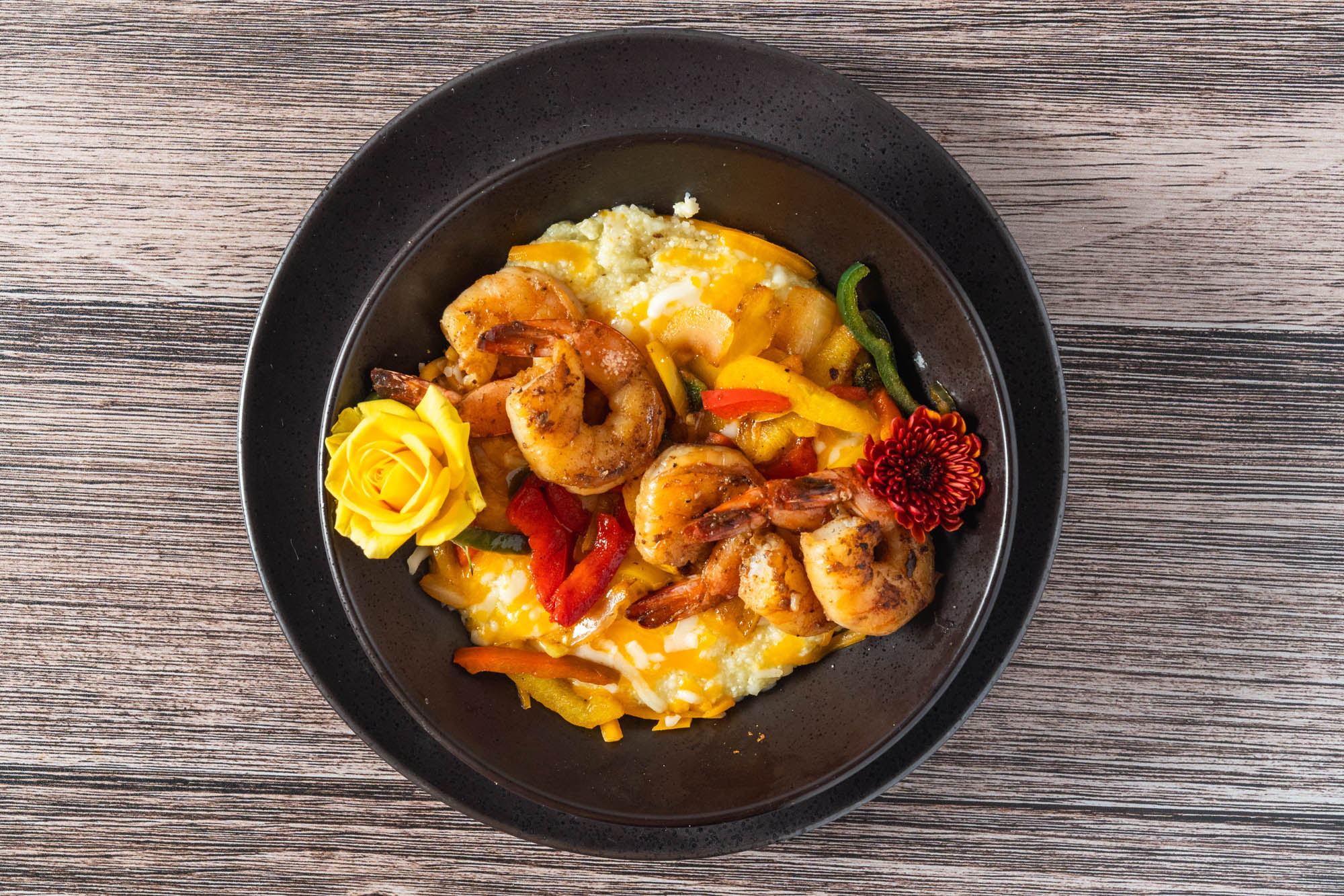 Savory Shrimp & Grits with assorted peppers, top view