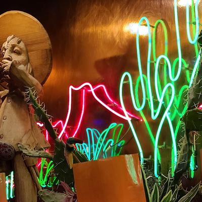 Neon lights and decorations.