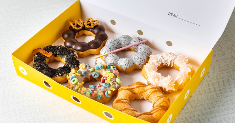 Assorted mochi donuts in  a box