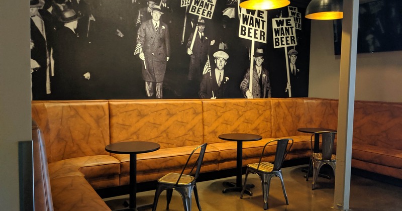 Interior, leather banquette seating, wall mural