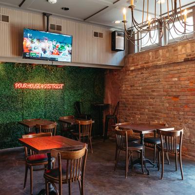 Interior space, tables and chairs.