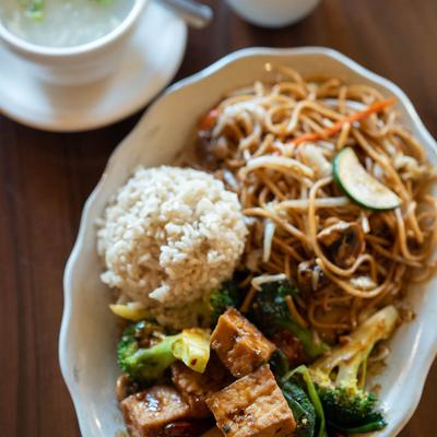 Tofu Family Style & Vegetable Chow Mein Lunch Special  served on a table, top view.
