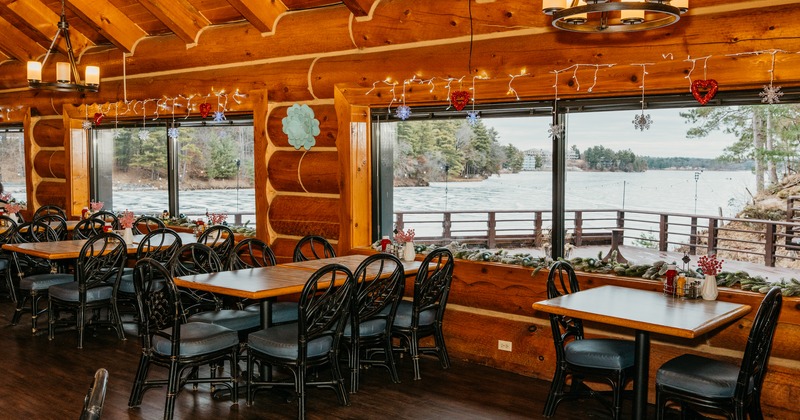 Diner area, tables and chairs, window view to the lake
