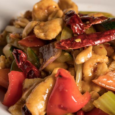 Kung pow chicken, closeup.