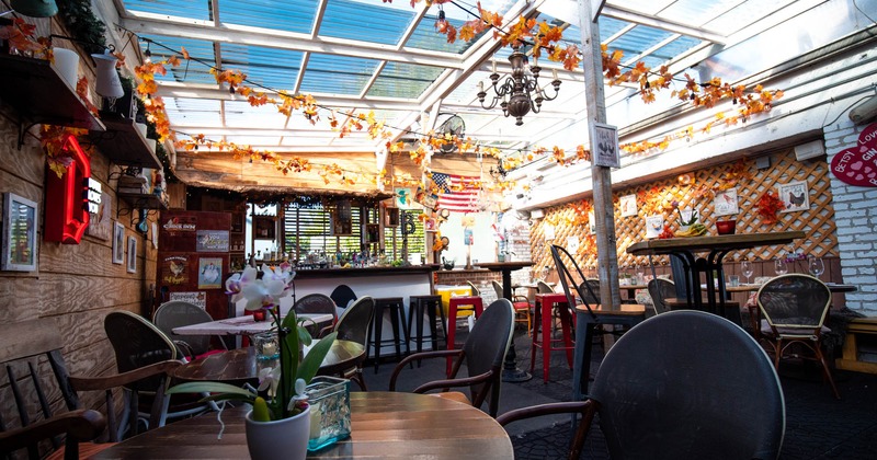 Rooftop room with bar and seating area