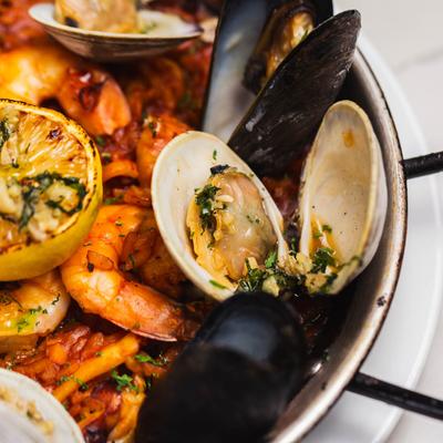 Seafood Spanish Paella, close up.