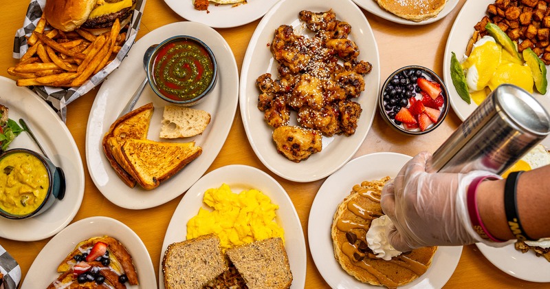 Overhead view of the various dishes served on the table