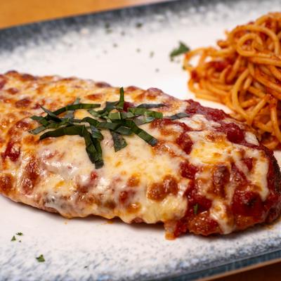 Chicken Parmesan with spaghetti.