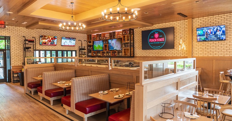 Restaurant interior, dining area with dining booths