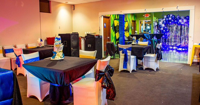 Interior, private room, decorated tables and chairs