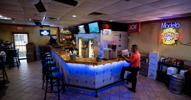 Interior, bar area, bar and bar stools