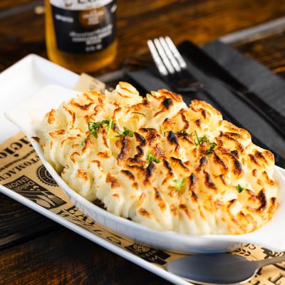 Shepherds pie topped with mashed potatoes.