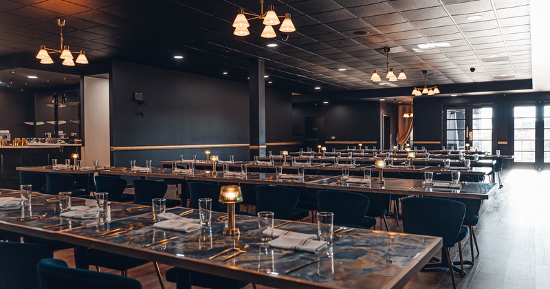 Interior, dining area, tables ready for guests