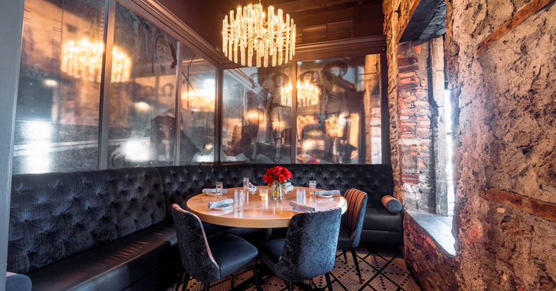 Interior, seating area with guest tables