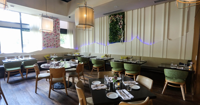 Interior, spacious dining area with decorated wall