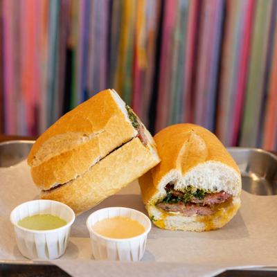 Chorizo sandwiches, with chimichurri sauce.