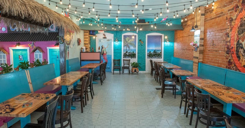Interior, seating area on both sides, ceiling light decoration