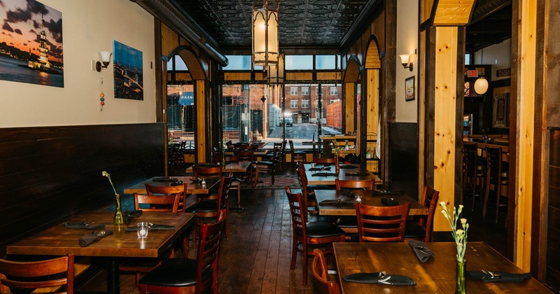 Interior, tables and chairs lined up