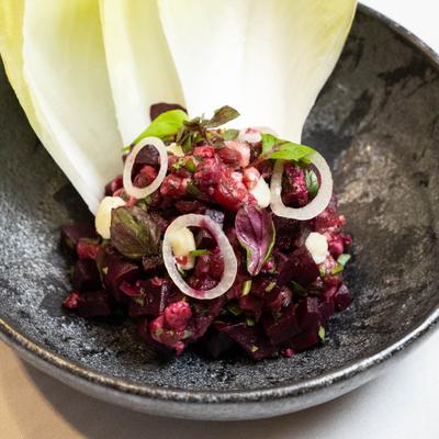 Beef and beet tartare, close up.