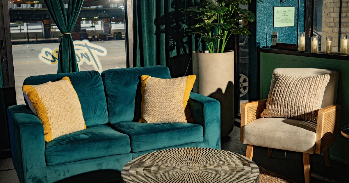 Interior, blue sofa and armchair