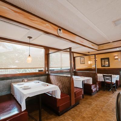 Dining area with booth seating.