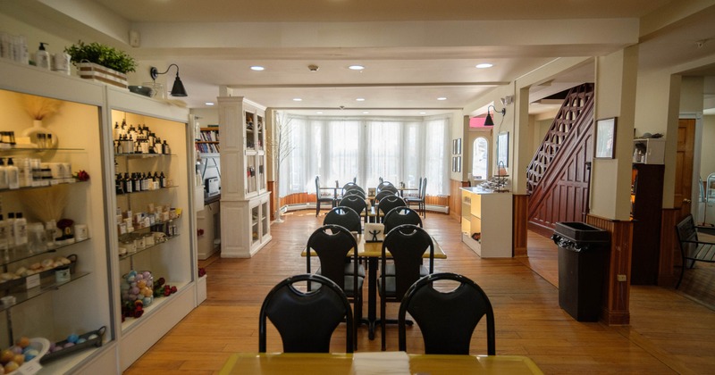 Interior, row of tables and chairs in seating area