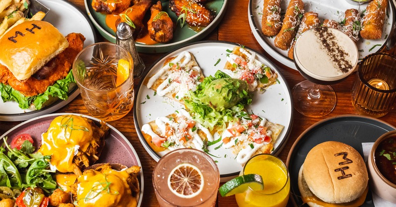 Assorted dishes and cocktails, top view