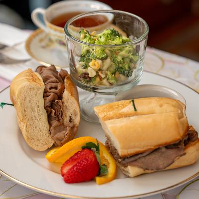 French dip sandwich and broccoli salad.