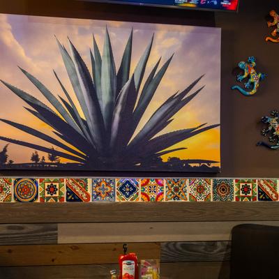 Wall with agave plant picture and decorative alebrijes above a tiled counter.
