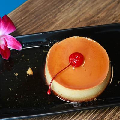 Served flan, top view.