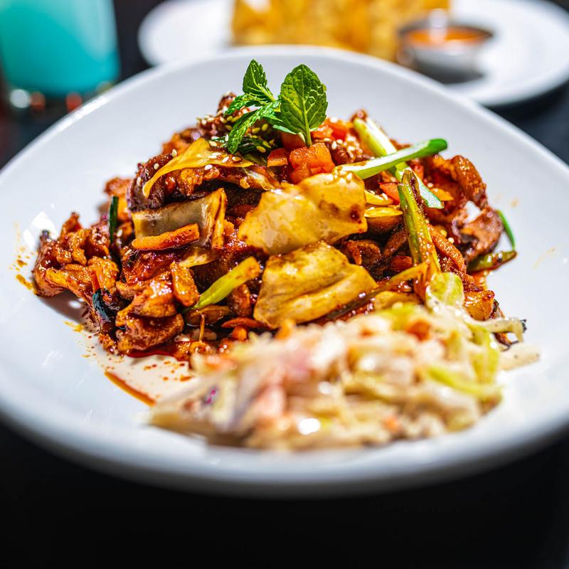 menu item 7 of 10, Spicy BBQ Pork & Rice Cakes