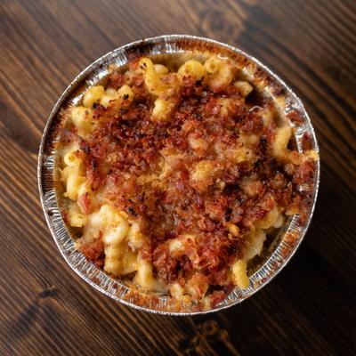 Sugar Shack mac and cheese with bacon, overhead view.
