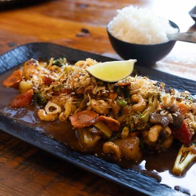Thai Pearl Cashew Nut Stir Fry with rice on the side.