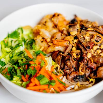 Grilled Shrimp and Lemon Grass Pork, with veggies.